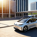 **

A futuristic cityscape bathed in sunlight, featuring sleek buildings with integrated perovskite solar panels on windows and rooftops. In the foreground, an electric vehicle charges at a station powered by the building's solar energy. Emphasize a clean, eco-friendly aesthetic, highlighting the integration of renewable energy into urban life.

**