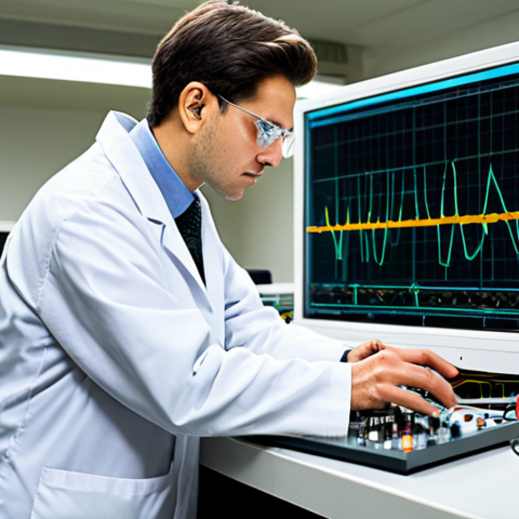 A focused electronic engineer, fully clothed in a professional lab coat over modest business attire, stands in a clean, well-lit modern electronics laboratory. They are looking intently at the screen of a cutting-edge digital oscilloscope, which prominently displays a vibrant, perfectly rendered complex waveform, illustrating the "invisible" electrical signals. On the workbench in front of them is a neatly organized, sophisticated circuit board with various components and wires. The scene conveys a sense of scientific discovery and precision, captured with professional studio lighting and sharp focus. safe for work, appropriate content, professional, perfect anatomy, correct proportions, natural pose, well-formed hands, proper finger count, natural body proportions.