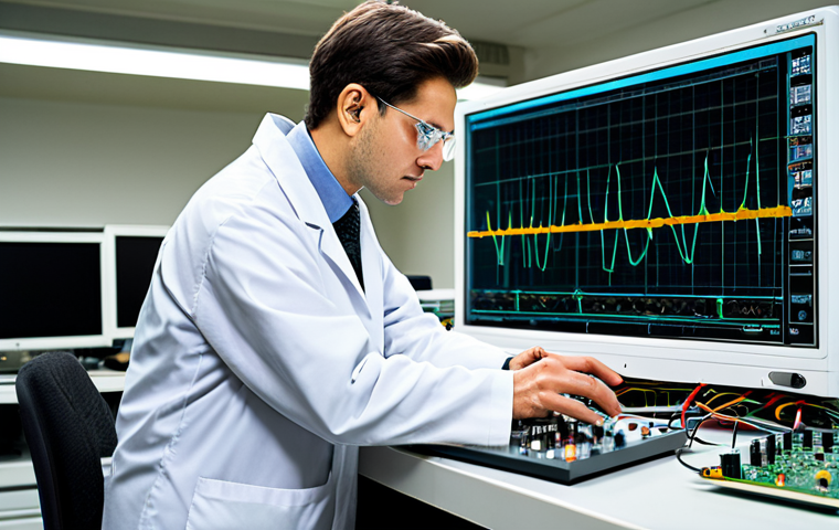 A focused electronic engineer, fully clothed in a professional lab coat over modest business attire, stands in a clean, well-lit modern electronics laboratory. They are looking intently at the screen of a cutting-edge digital oscilloscope, which prominently displays a vibrant, perfectly rendered complex waveform, illustrating the "invisible" electrical signals. On the workbench in front of them is a neatly organized, sophisticated circuit board with various components and wires. The scene conveys a sense of scientific discovery and precision, captured with professional studio lighting and sharp focus. safe for work, appropriate content, professional, perfect anatomy, correct proportions, natural pose, well-formed hands, proper finger count, natural body proportions.