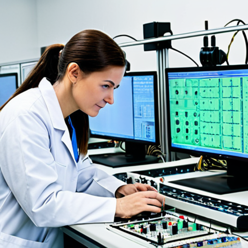 **
A professional engineer in a fully clothed, modest lab coat, working on a circuit board in a brightly lit electronics lab, appropriate attire, safe for work, perfect anatomy, natural proportions, professional photography, high quality. The lab is filled with oscilloscopes and electronic components. Family-friendly and professional.
**