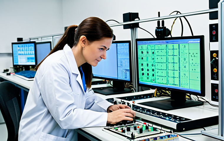 **
A professional engineer in a fully clothed, modest lab coat, working on a circuit board in a brightly lit electronics lab, appropriate attire, safe for work, perfect anatomy, natural proportions, professional photography, high quality. The lab is filled with oscilloscopes and electronic components. Family-friendly and professional.
**