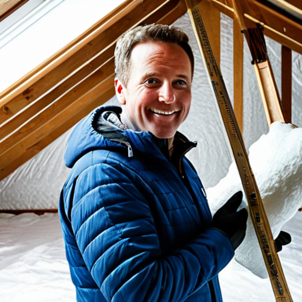 에너지 효율 최적화 - Home Insulation**
"A fully clothed homeowner inspecting newly installed attic insulation, looking s...