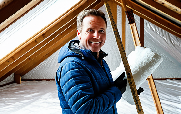 에너지 효율 최적화 - Home Insulation**
"A fully clothed homeowner inspecting newly installed attic insulation, looking s...
