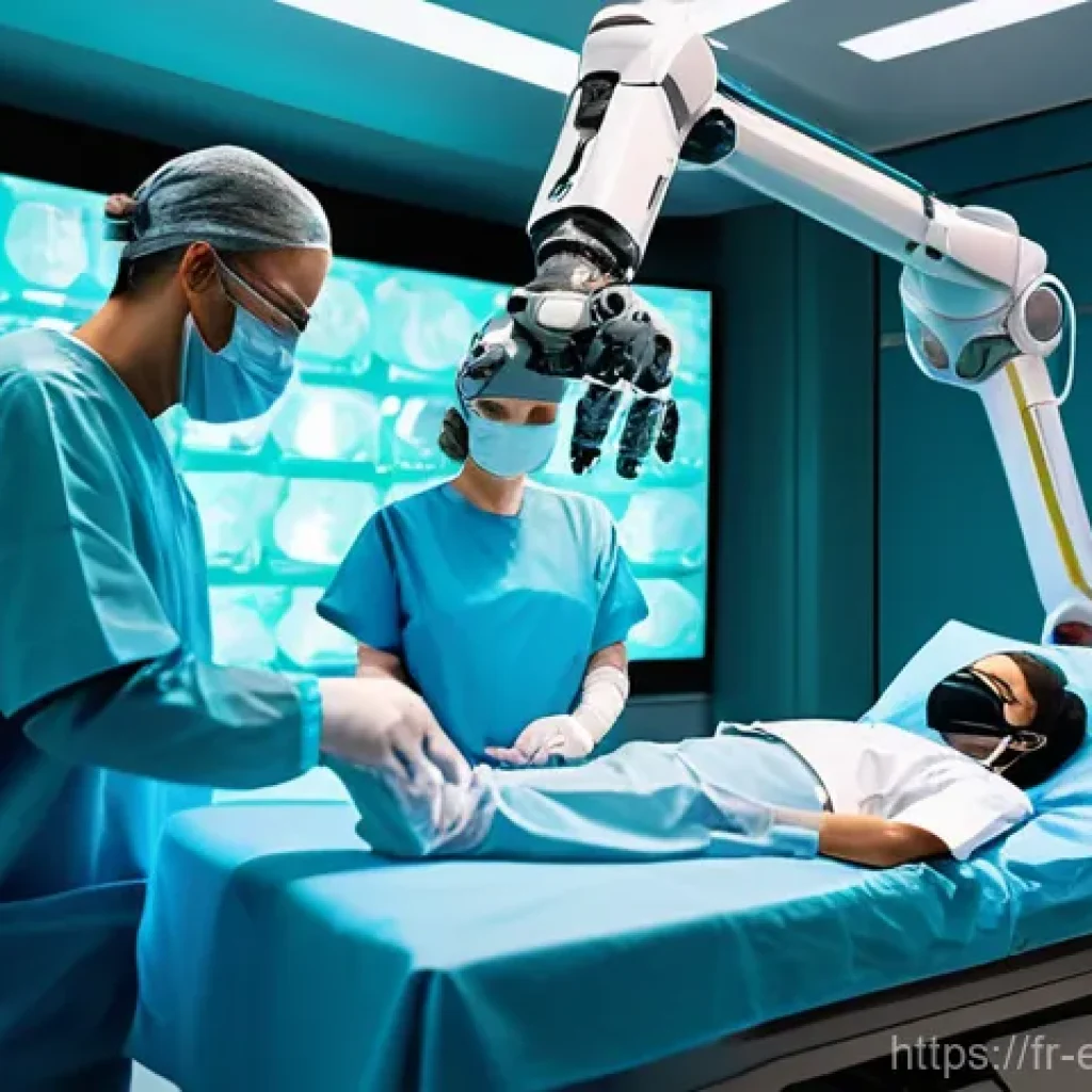 전기공학의 의료 산업 응용 - A highly detailed, futuristic operating room scene. A skilled surgeon, wearing medical scrubs and a ...