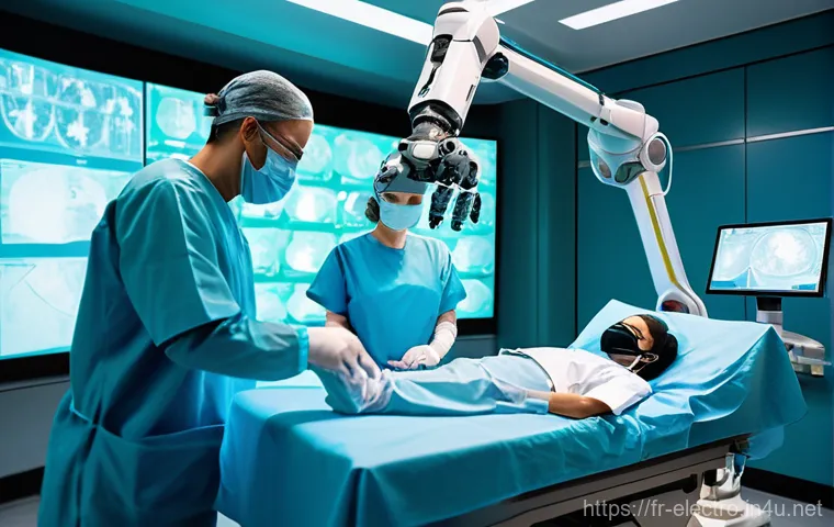 전기공학의 의료 산업 응용 - A highly detailed, futuristic operating room scene. A skilled surgeon, wearing medical scrubs and a ...