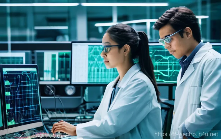 디지털 회로의 전력 분석 - **Prompt:** A group of diverse engineers, both male and female, in a state-of-the-art electronics la...