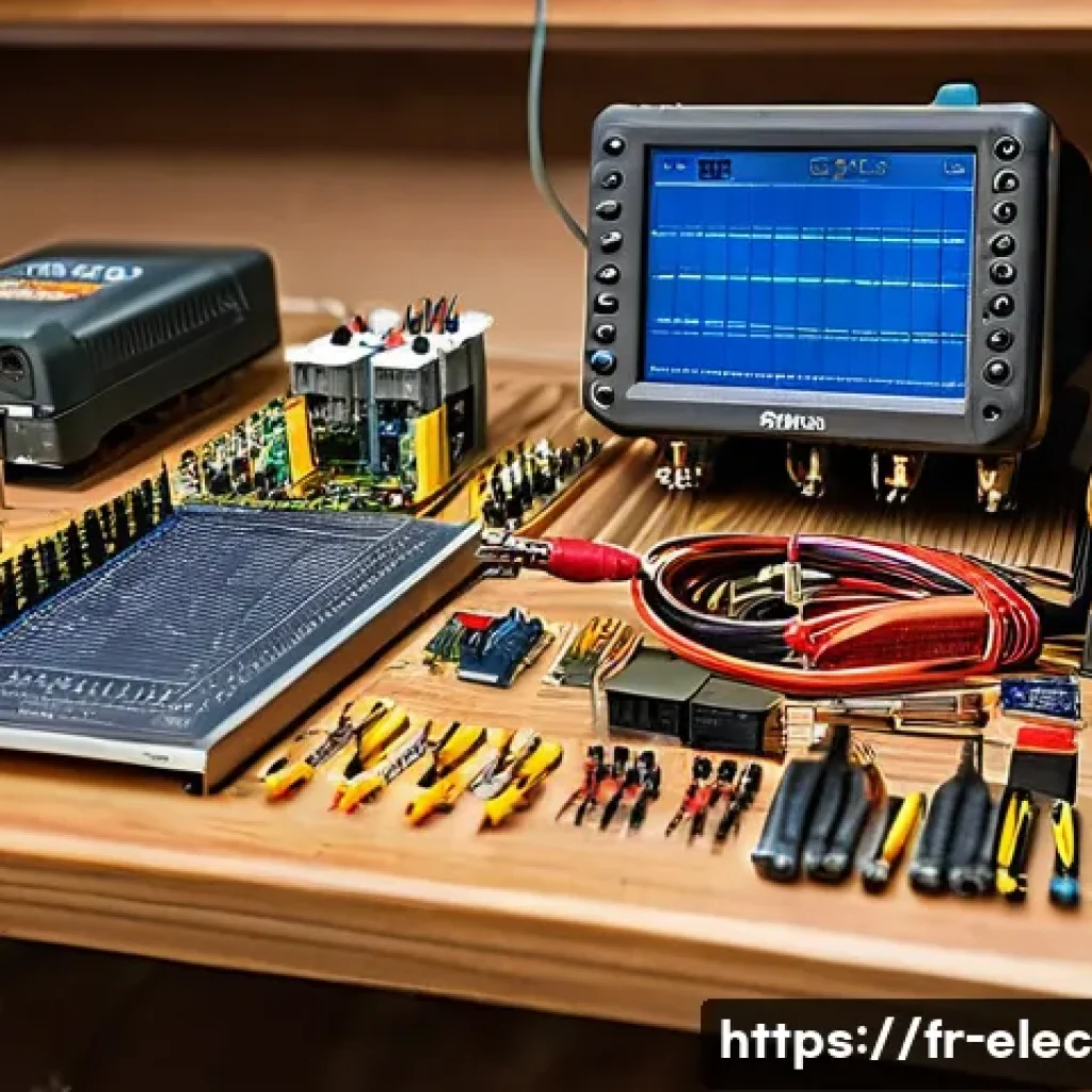 파워 서플라이 사용법 - A detailed close-up of an electronics workbench in a French home workshop, featuring a variety of po...