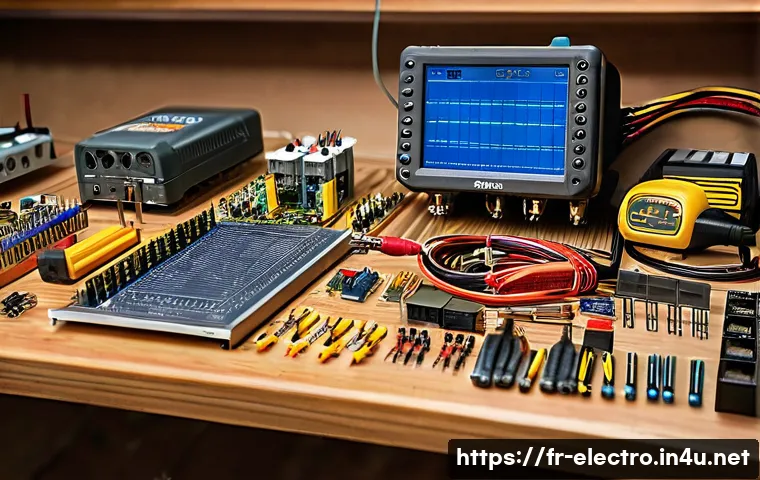 파워 서플라이 사용법 - A detailed close-up of an electronics workbench in a French home workshop, featuring a variety of po...