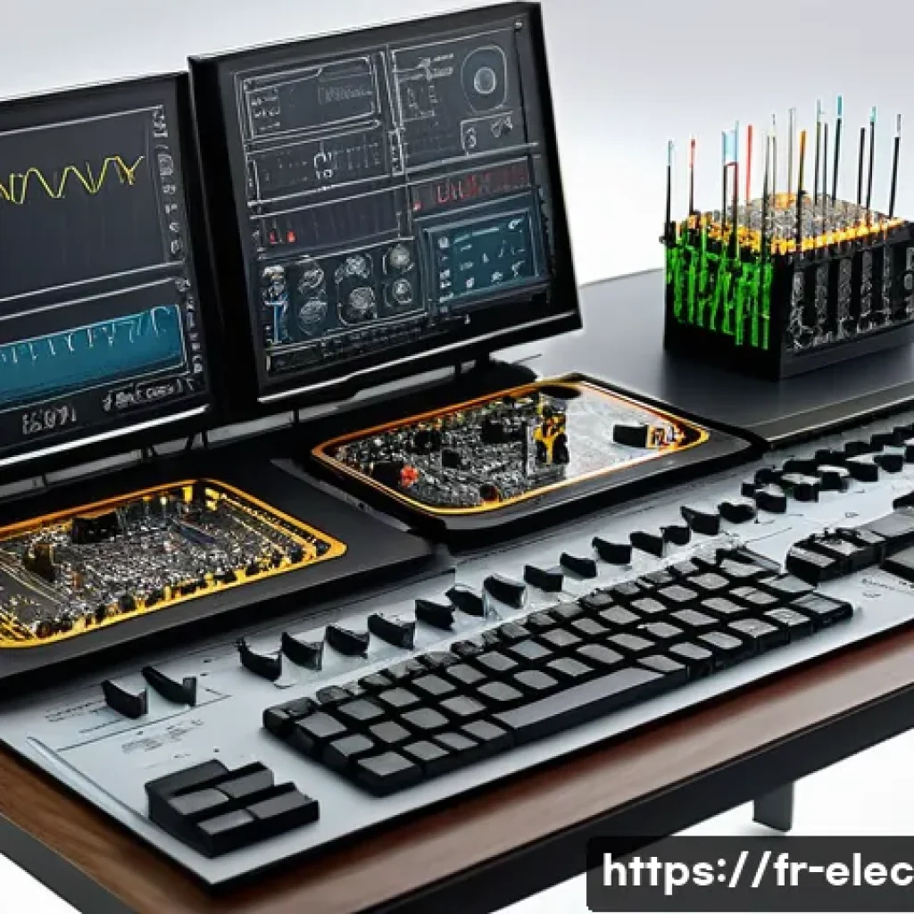 전기회로 설계 - A detailed and realistic illustration of an electronics engineer&rsquo;s workspace focused on designing a ...