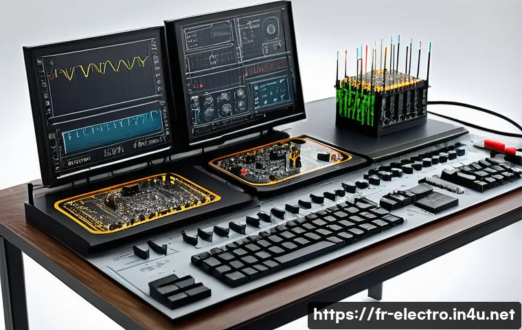 전기회로 설계 - A detailed and realistic illustration of an electronics engineer&rsquo;s workspace focused on designing a ...
