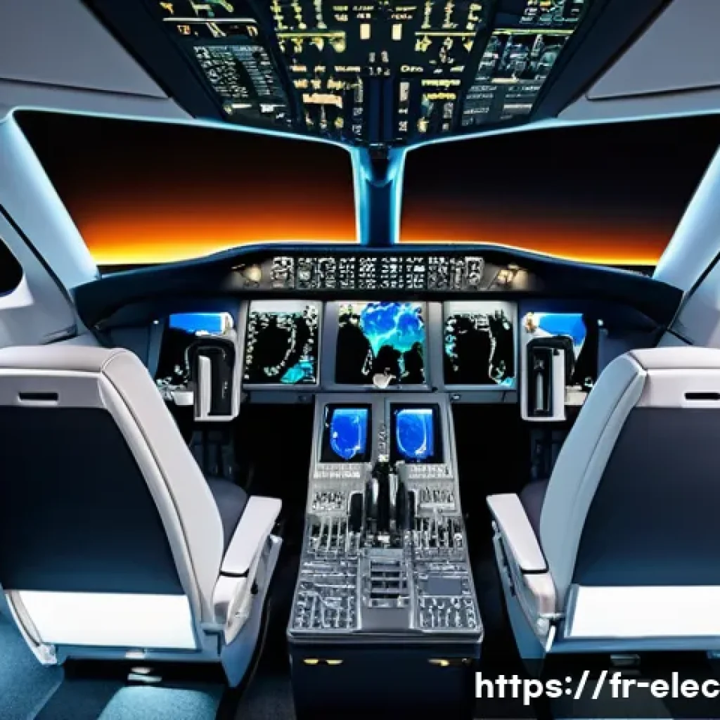 전기공학의 항공 산업 응용 - A futuristic airplane cockpit interior showcasing advanced embedded electronics with multiple large,...