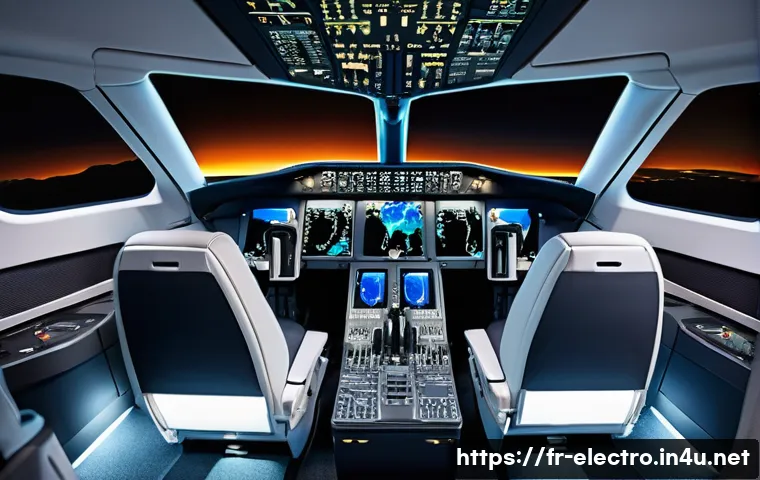 전기공학의 항공 산업 응용 - A futuristic airplane cockpit interior showcasing advanced embedded electronics with multiple large,...