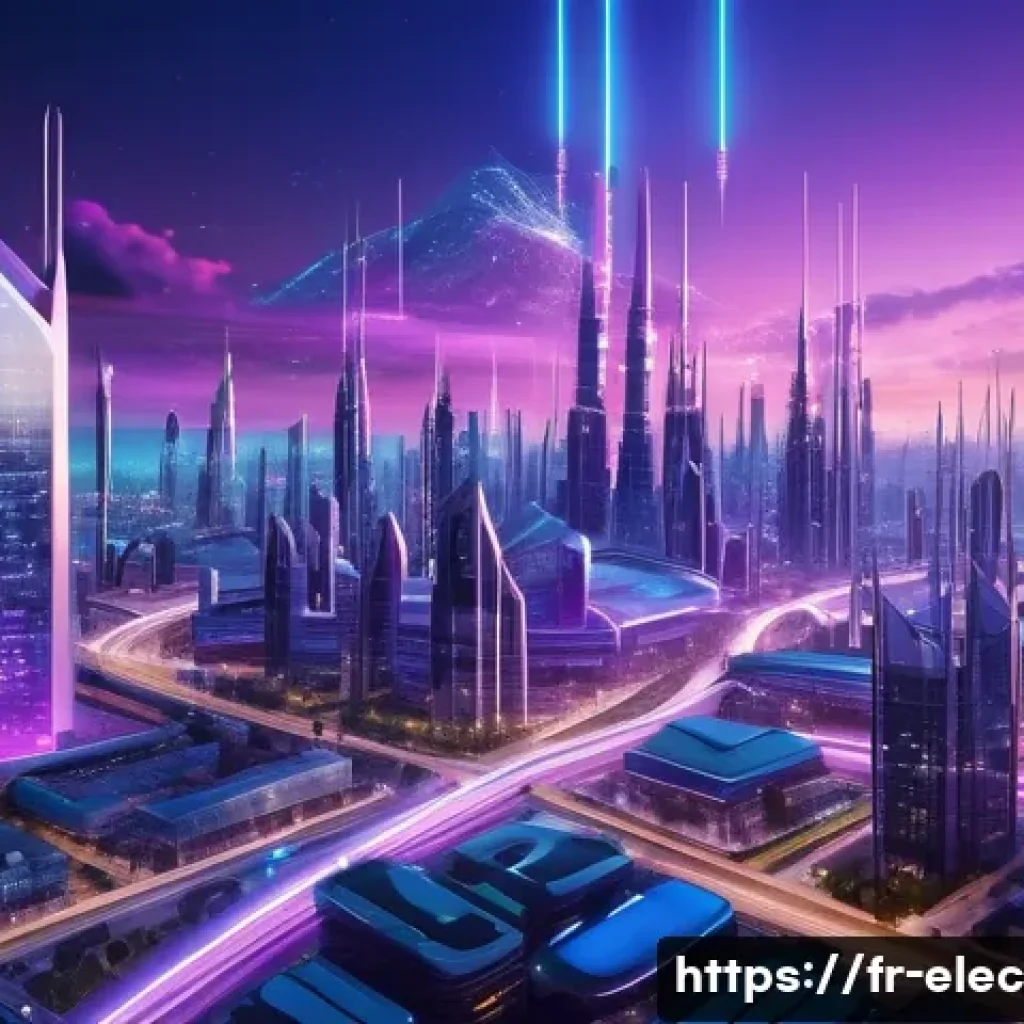 전자기파와 통신 - A futuristic urban cityscape at dusk, illuminated by a dense network of glowing 5G antennas and sate...