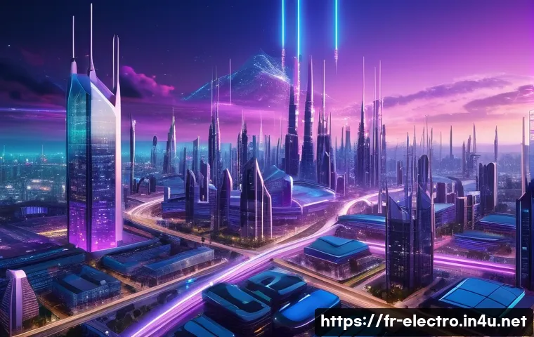 전자기파와 통신 - A futuristic urban cityscape at dusk, illuminated by a dense network of glowing 5G antennas and sate...