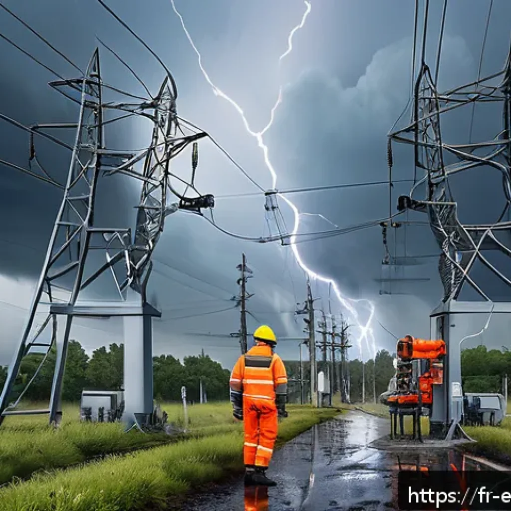 전력 계통 장애 분석 - A detailed illustration of a modern French electrical substation under stormy weather conditions: to...