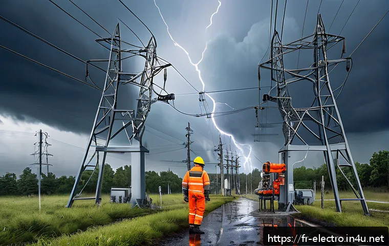 전력 계통 장애 분석 - A detailed illustration of a modern French electrical substation under stormy weather conditions: to...