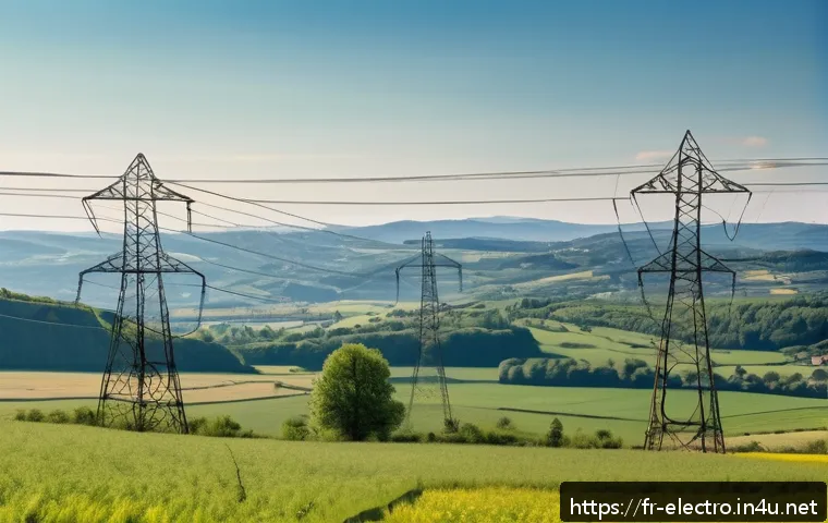 전력 시스템의 환경적 영향 - A panoramic view of a rural French landscape in the Auvergne-Rh&ocirc;ne-Alpes region featuring high-volta...