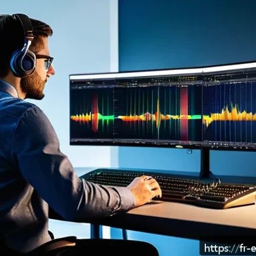 디지털 필터 설계 - A detailed professional workspace scene showing an audio engineer designing digital filters on multi...