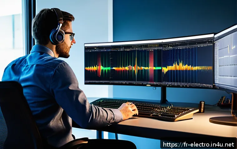 디지털 필터 설계 - A detailed professional workspace scene showing an audio engineer designing digital filters on multi...