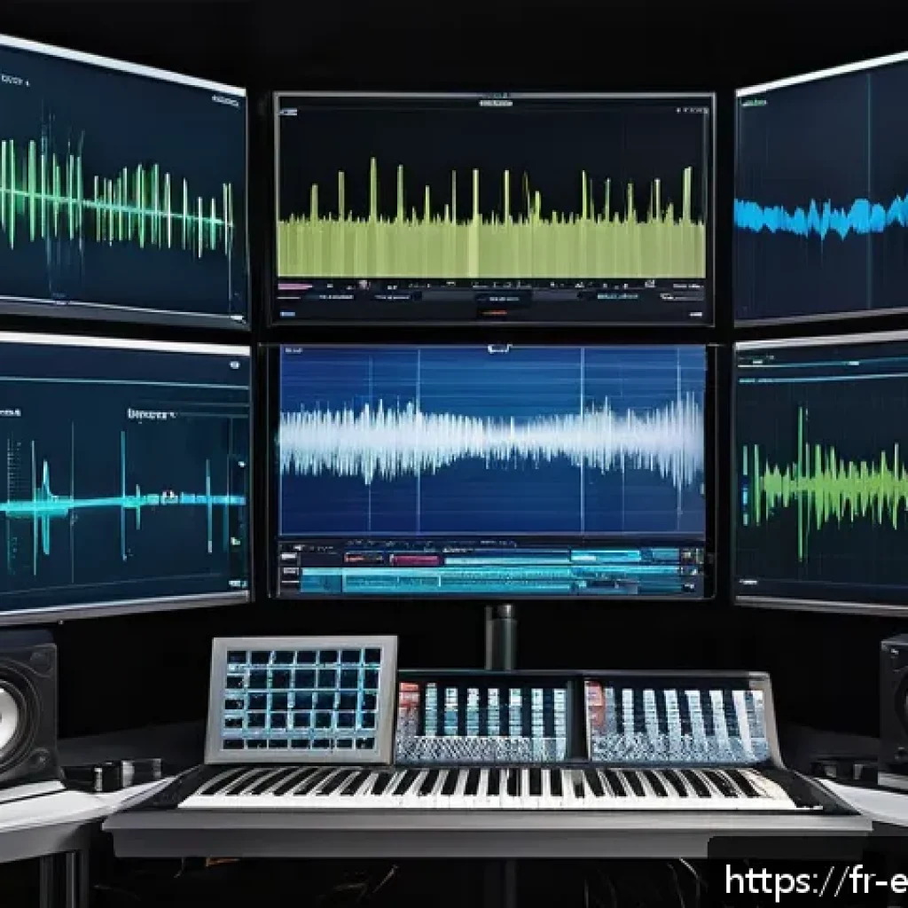 디지털 신호의 처리 및 분석 - A highly detailed digital art illustration of an advanced audio signal processing setup in a modern ...