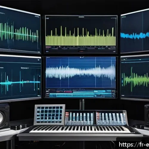 디지털 신호의 처리 및 분석 - A highly detailed digital art illustration of an advanced audio signal processing setup in a modern ...
