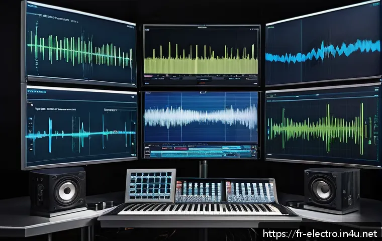 디지털 신호의 처리 및 분석 - A highly detailed digital art illustration of an advanced audio signal processing setup in a modern ...