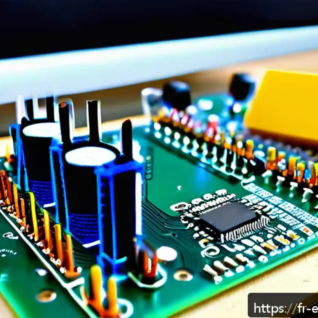 디지털 회로 응용 - A detailed close-up of a beginner&rsquo;s electronics workspace featuring a breadboard with various digita...