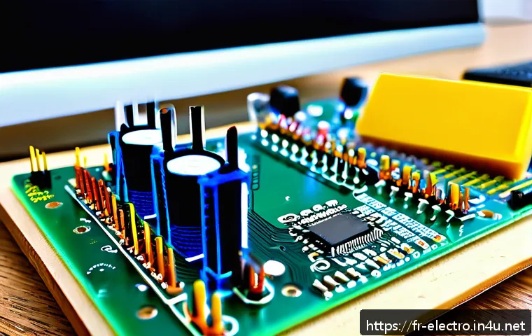 디지털 회로 응용 - A detailed close-up of a beginner&rsquo;s electronics workspace featuring a breadboard with various digita...
