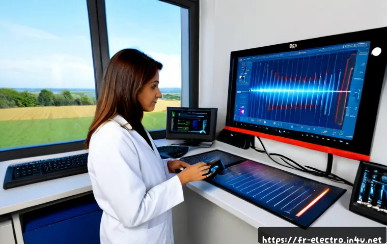 전기장 시뮬레이션 - Photorealistic university physics laboratory in France, a female engineer using a large touchscreen ...