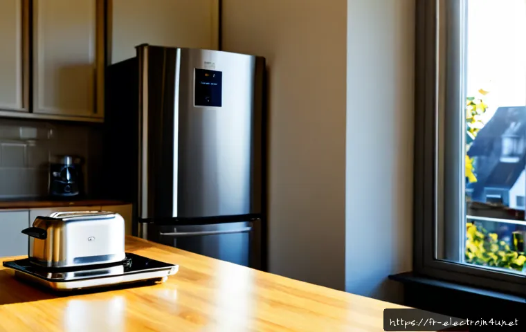 전기기기의 효율성 분석 - Photorealistic French apartment kitchen energy-efficiency comparison, a modern refrigerator, inducti...